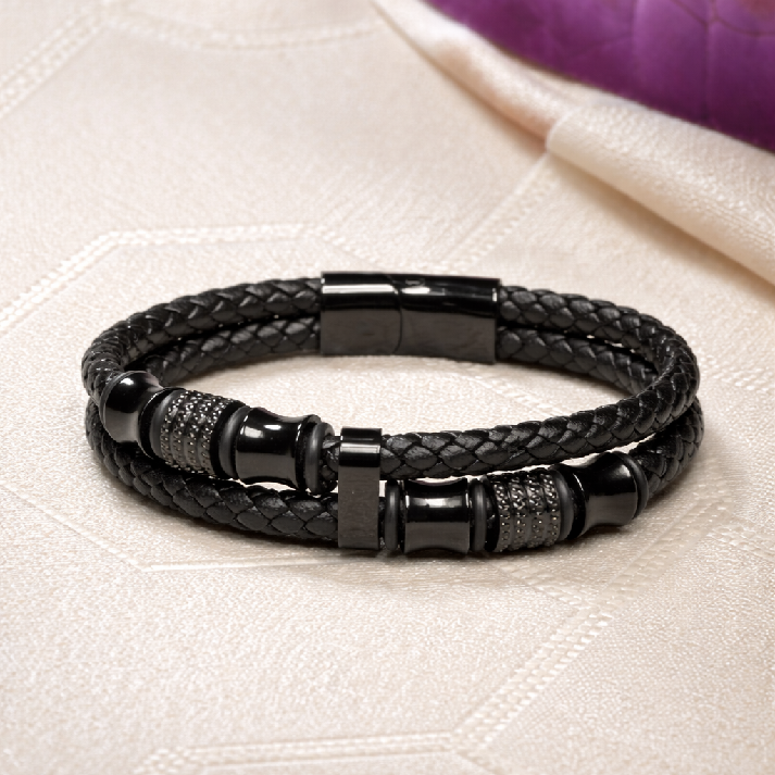 Black Braided Leather Beaded Bracelet