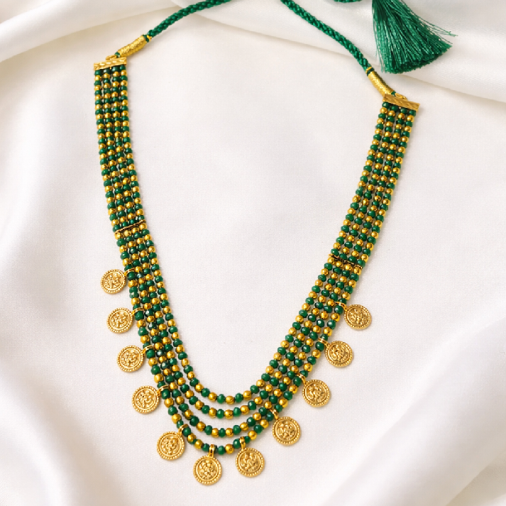 Noore Emerald Beaded Coin Necklace Set