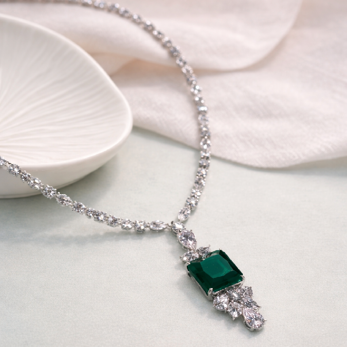Noore Emerald CZ Long Necklace Set