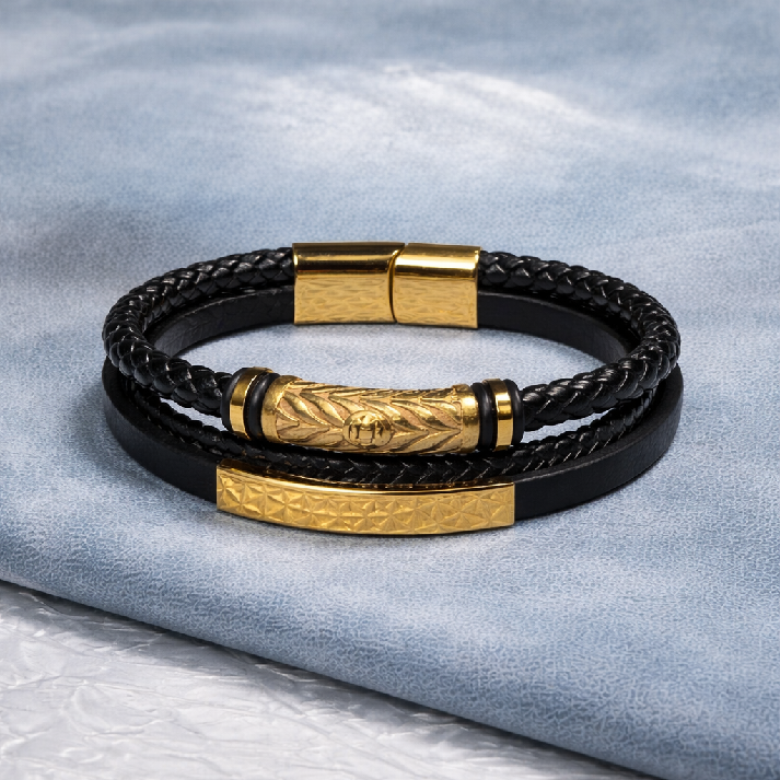 Engraved Gold Accent Black Leather Men's Bracelet