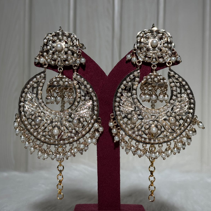 Ivory Pearl Kundan Chandbali Earrings with Intricate Jali Work