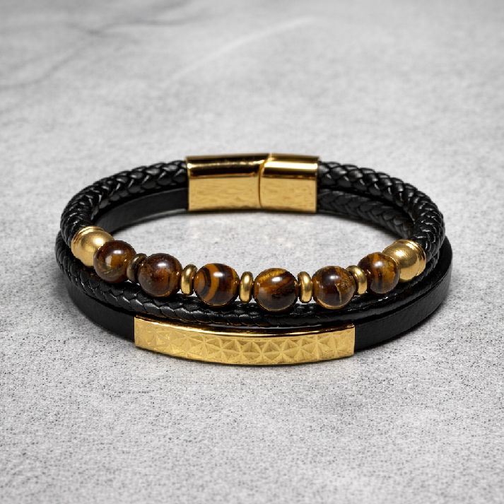 Tiger Eye Bead & Black Leather Men's Bracelet