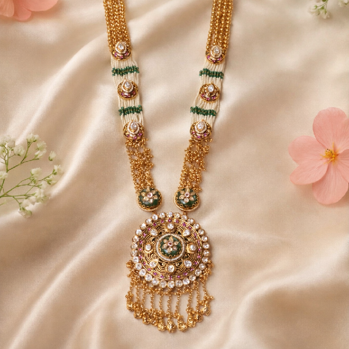 Royal Emerald Polki Pendant Necklace Set by Noore by Neetu Kaushal