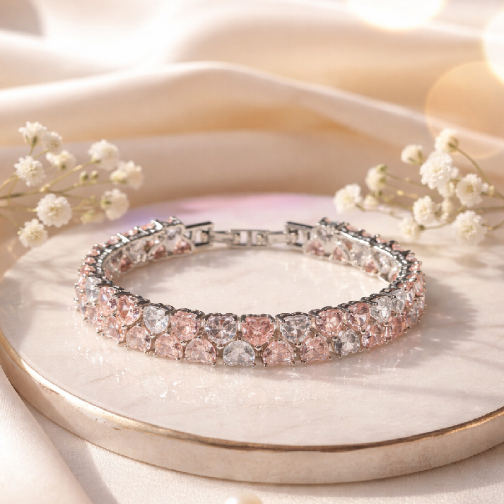 Blush Pink Heart & Round Crystal Bracelet – Romantic Glow by Noore