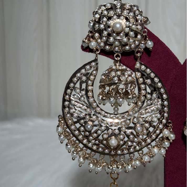 Ivory Pearl Kundan Chandbali Earrings with Intricate Jali Work