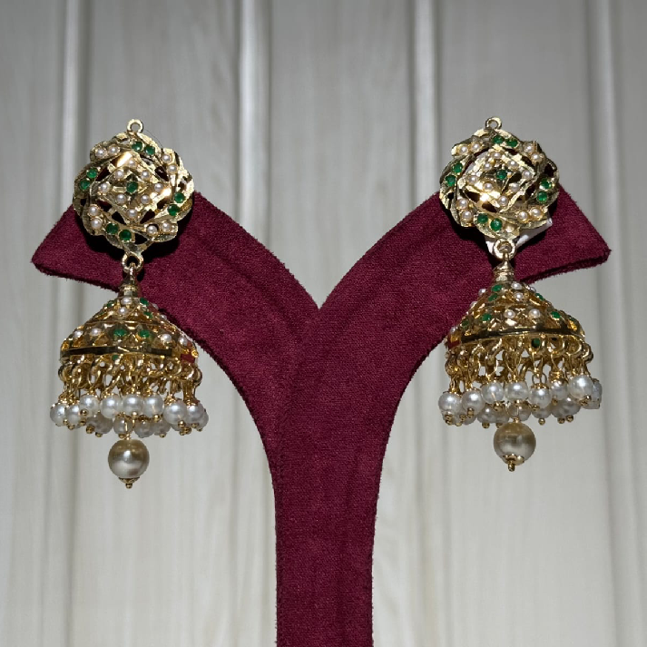 Classic Kundan Pearl Jhumka Earrings with Green Accents