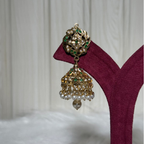 Classic Kundan Pearl Jhumka Earrings with Green Accents
