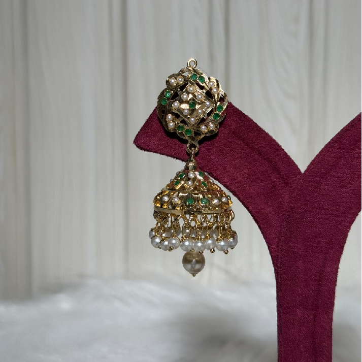 Classic Kundan Pearl Jhumka Earrings with Green Accents