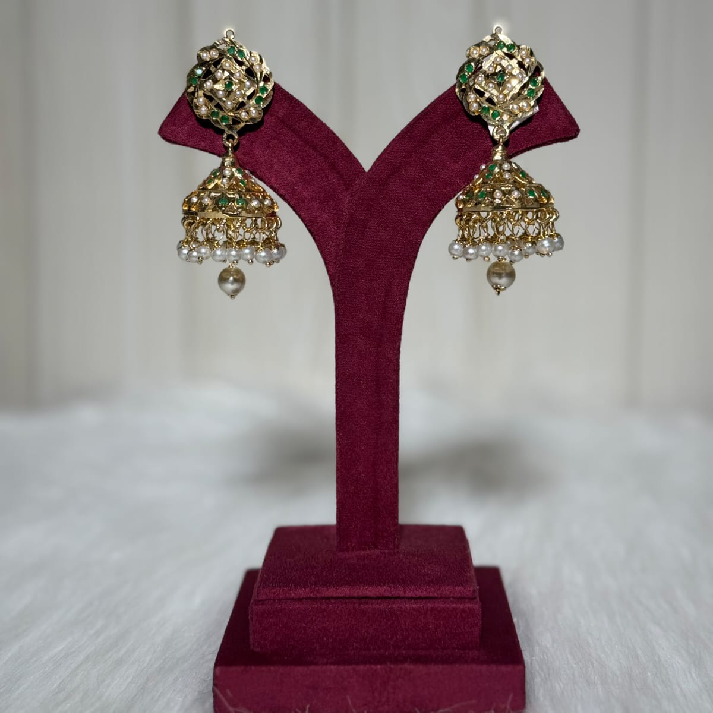 Classic Kundan Pearl Jhumka Earrings with Green Accents