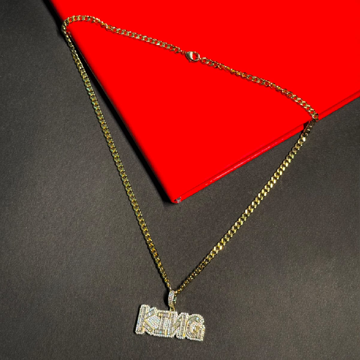 Iced King Crown Script Pendant Chain for Men