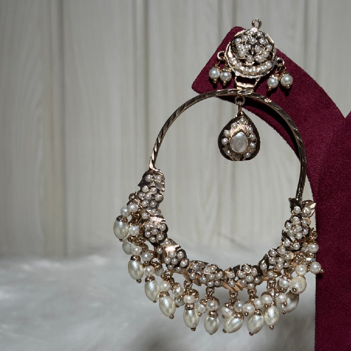 Ivory Pearl Polki Hoop Earrings with Floral Stud