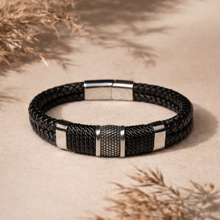 Textured Steel Accent Black Braided Men's Bracelet