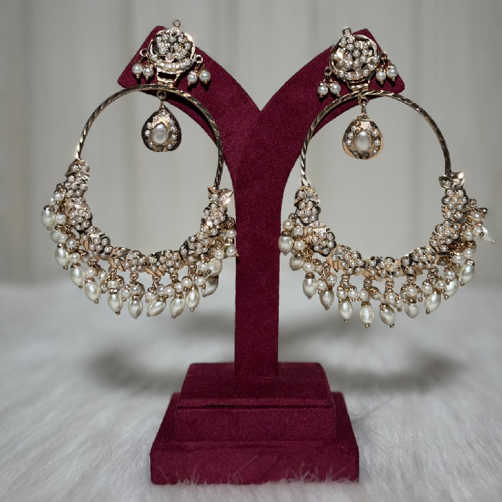 Ivory Pearl Polki Hoop Earrings with Floral Stud