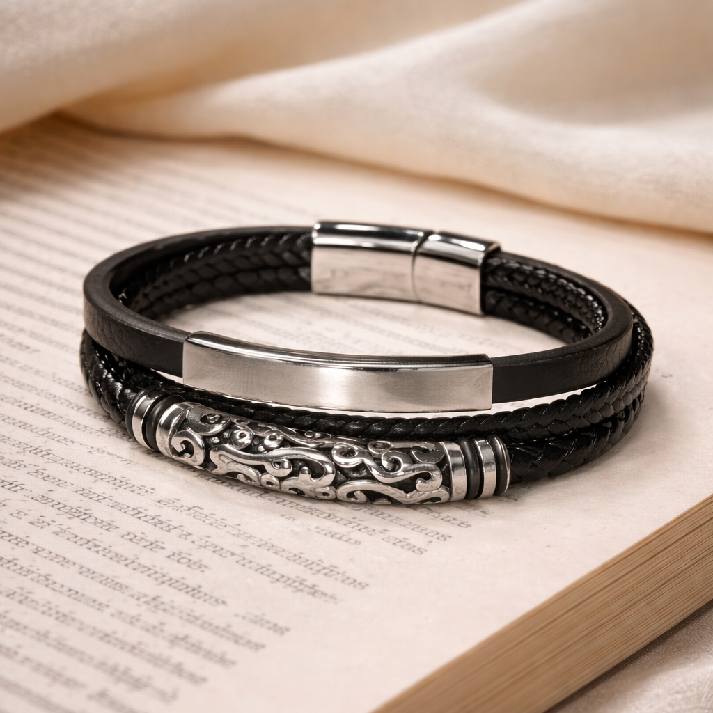 Engraved Steel Bar Black Leather Men's Bracelet