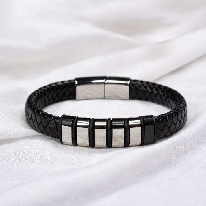 Black Braided Leather Steel Accent Men's Bracelet
