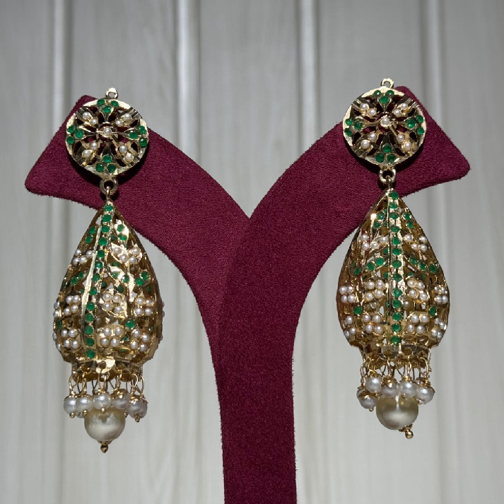Emerald Green Kundan Pearl Drop Jhumka Earrings