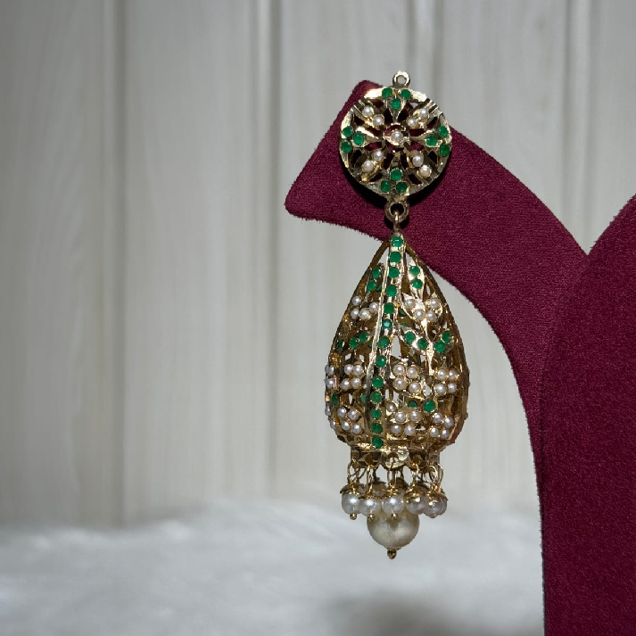 Emerald Green Kundan Pearl Drop Jhumka Earrings