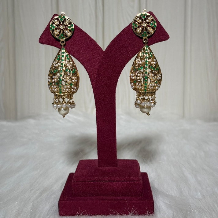 Emerald Green Kundan Pearl Drop Jhumka Earrings