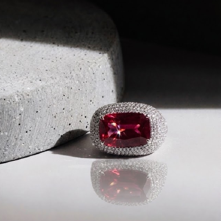 Royal Ruby CZ Halo Statement Ring – Noore by Neetu Kaushal ✨