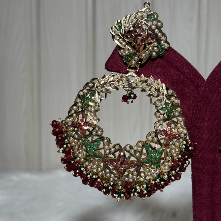 Grand Polki Kundan Chandbali Earrings with Pearl & Bead Detailing