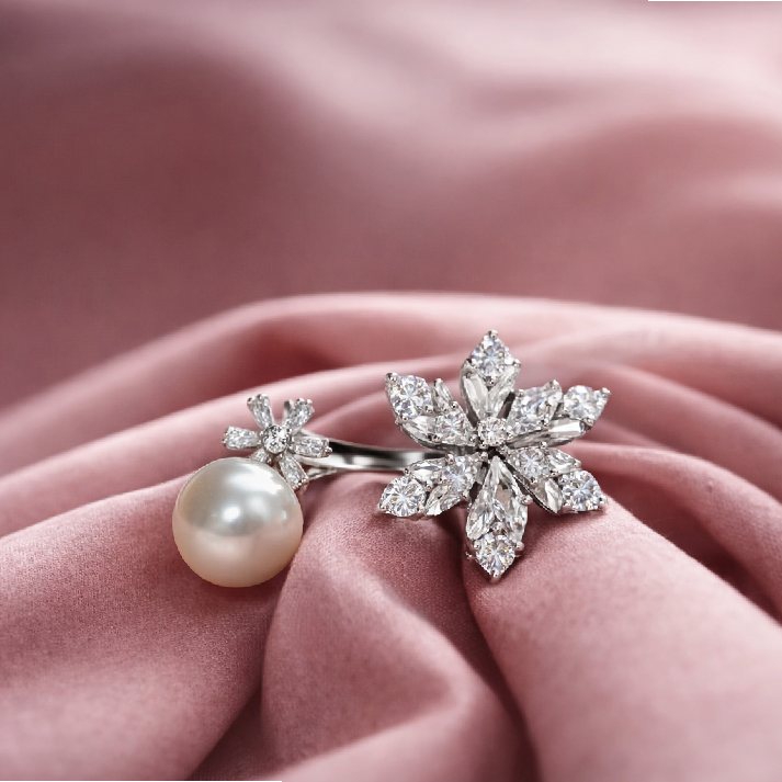 Floral Pearl & CZ Adjustable Ring for Girls ✨
