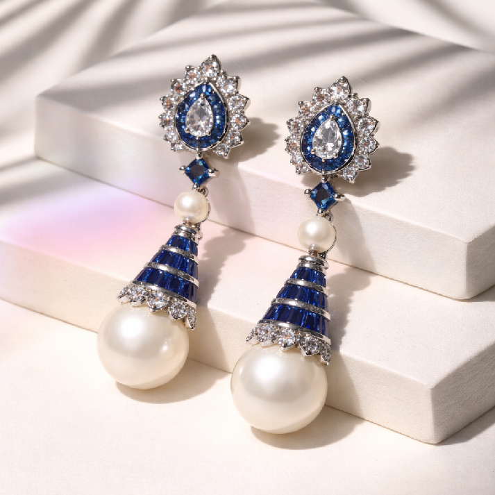 Blue Crystal Pearl Drop Statement Earrings