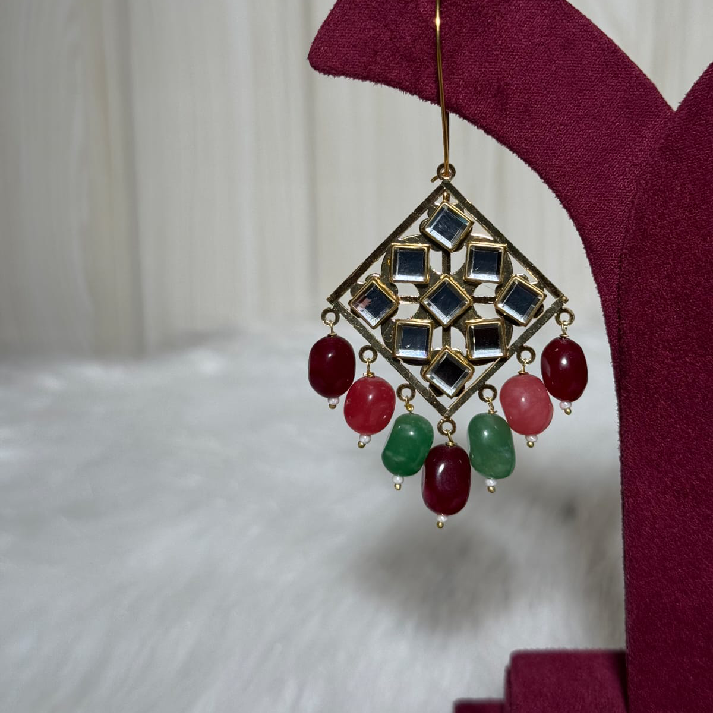 Handcrafted Kundan Mirror Drop Earrings with Multicolor Beads