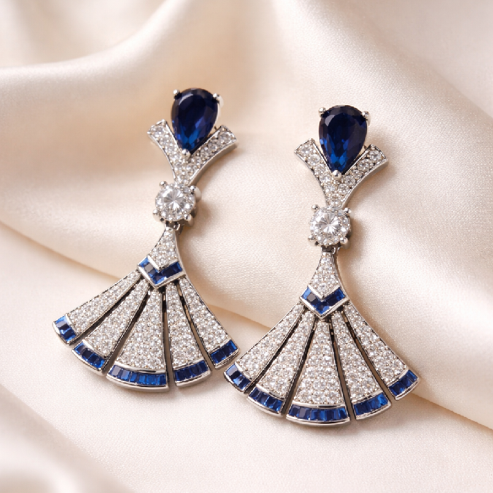 Royal Blue Crystal Fan Drop Statement Earrings