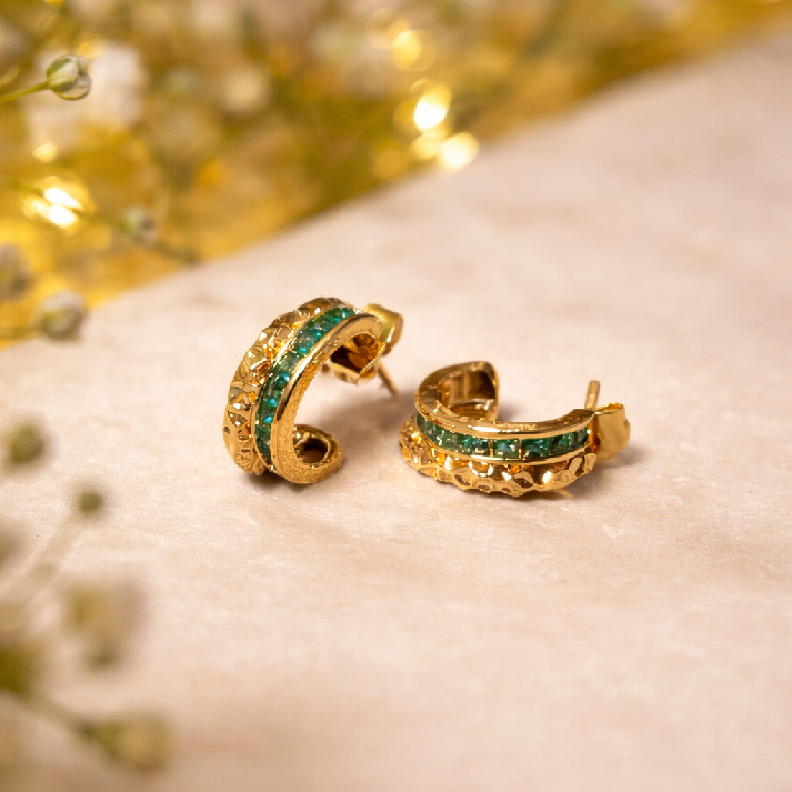 Emerald Glow Textured Hoop Earrings