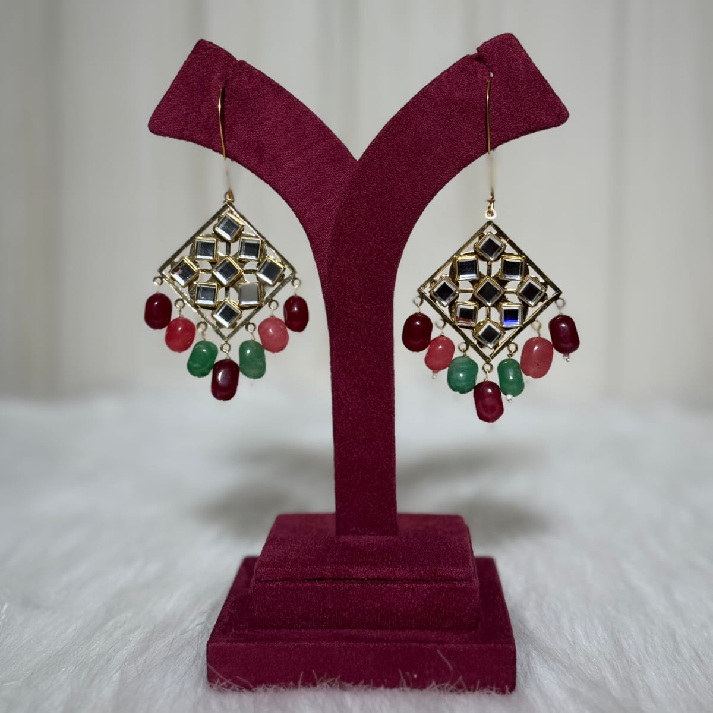 Handcrafted Kundan Mirror Drop Earrings with Multicolor Beads