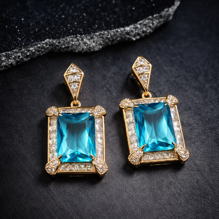 Emerald Cut Blue Crystal Statement Earrings