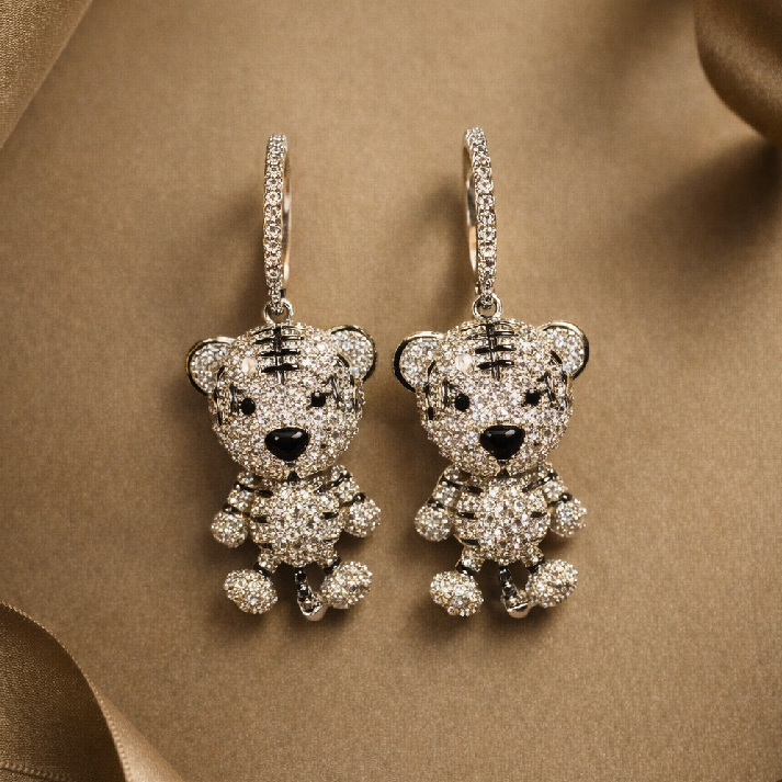 Crystal Teddy Bear Hoop Drop Earrings