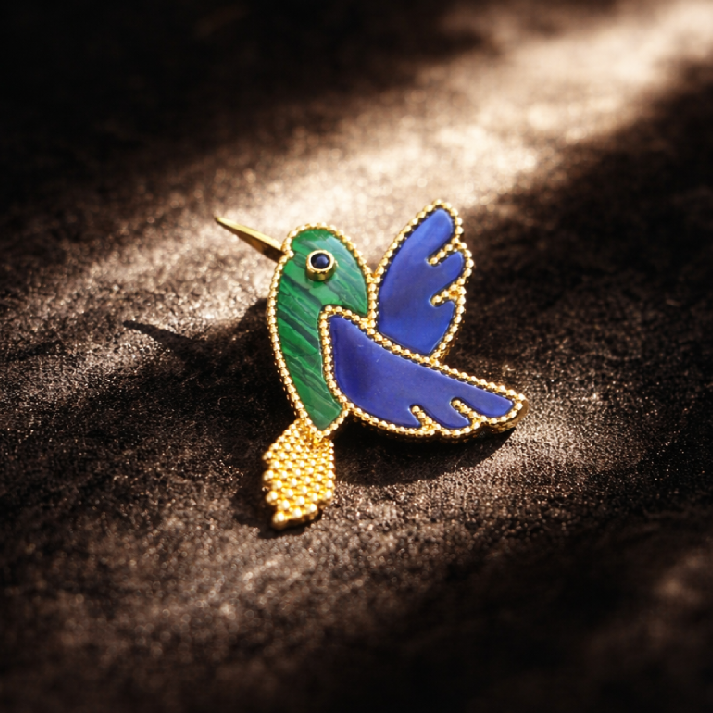 Golden Enamel Hummingbird Brooch