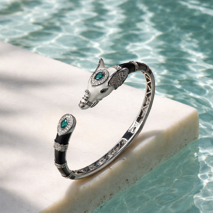 Elegant Silver Elephant Designer Girls Bracelet with Emerald Crystal