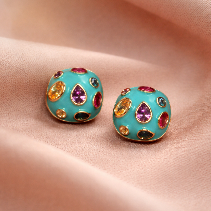 Turquoise Dome Multicolor Gem Stud Earrings