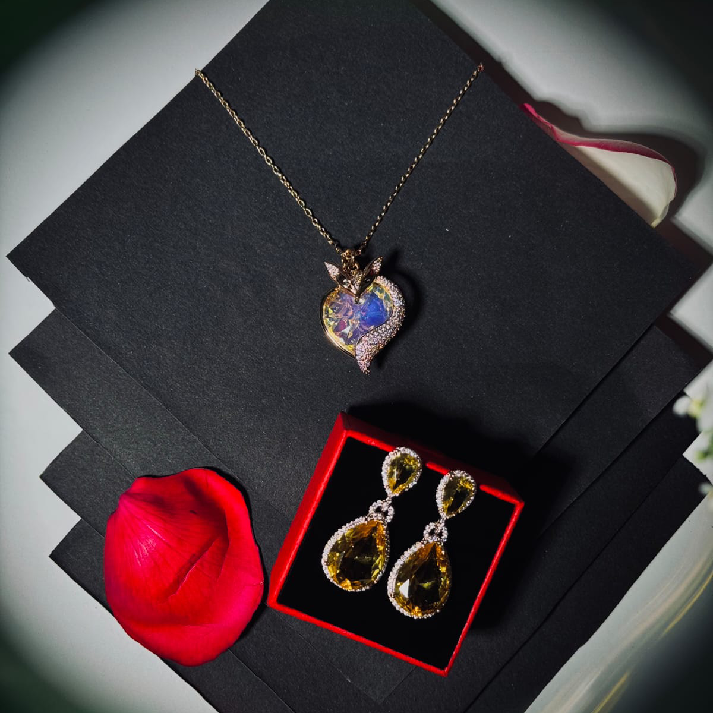 Royal Crystal Heart Pendant & Drop Earrings Combo