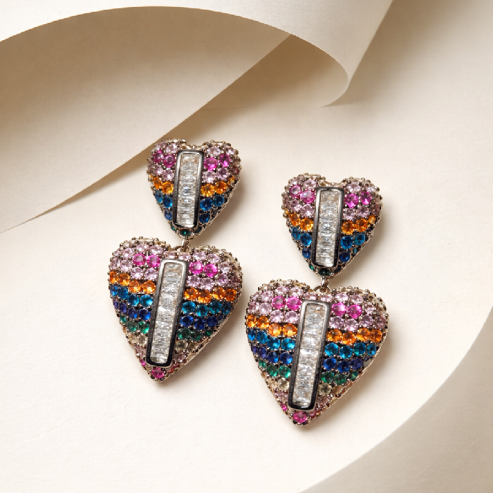 Rainbow Crystal Heart Drop Statement Earrings