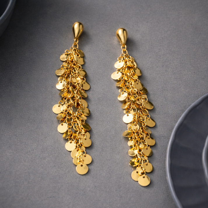 Gold Cascading Disc Tassel Earrings