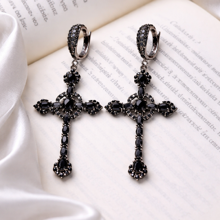 Gothic Black Cross Drop Earrings