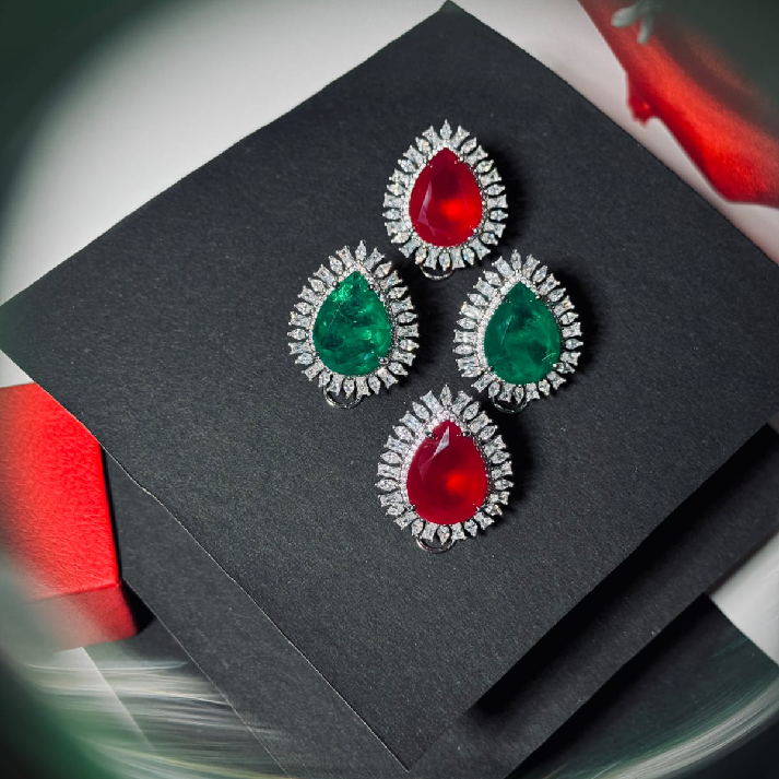 Royal Teardrop Halo Earrings – Rich Emerald Green and Bold Red Ruby