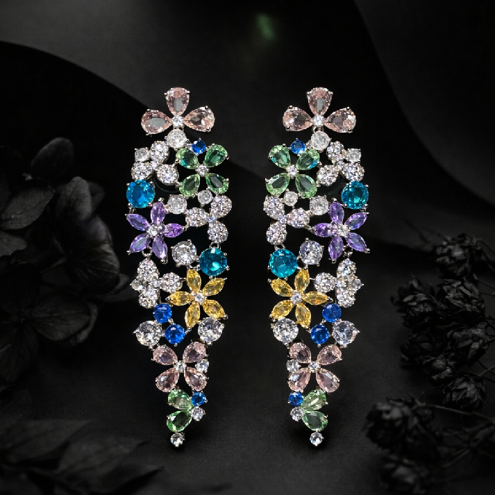 Multicolor Floral Crystal Statement Earrings