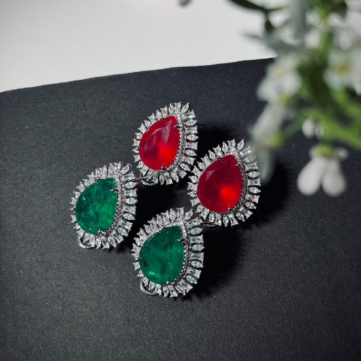 Royal Teardrop Halo Earrings – Rich Emerald Green and Bold Red Ruby