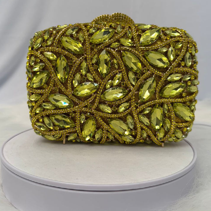 Luxury Lime Crystal Mosaic Clutch | Gold Vine Diamanté Evening Bag