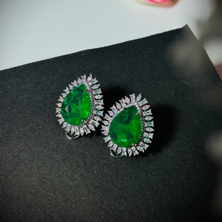 Royal Teardrop Halo Earrings – Rich Emerald Green and Bold Red Ruby