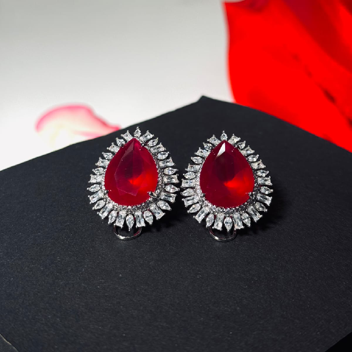Royal Teardrop Halo Earrings – Rich Emerald Green and Bold Red Ruby