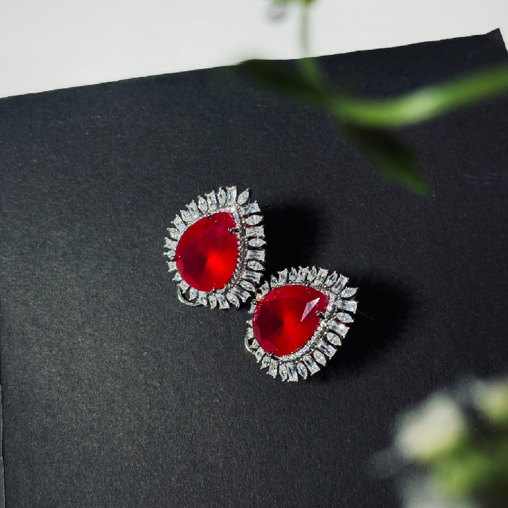 Royal Teardrop Halo Earrings – Rich Emerald Green and Bold Red Ruby
