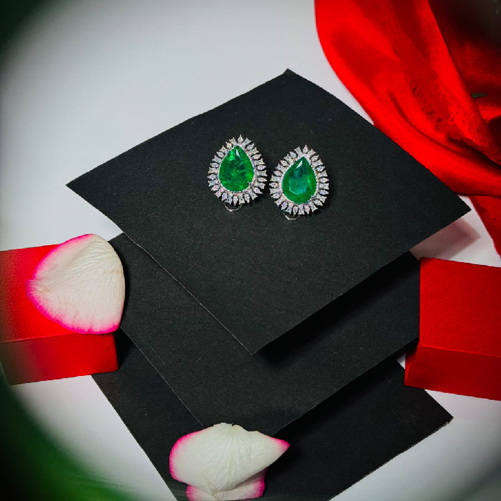 Royal Teardrop Halo Earrings – Rich Emerald Green and Bold Red Ruby