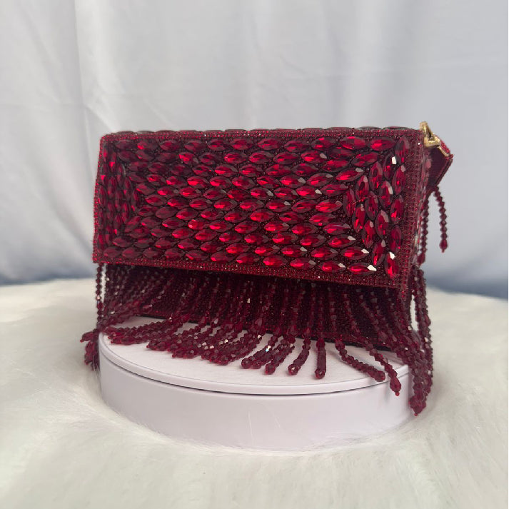 Luxury Ruby Red Crystal Clutch | Beaded Fringe Party Bag