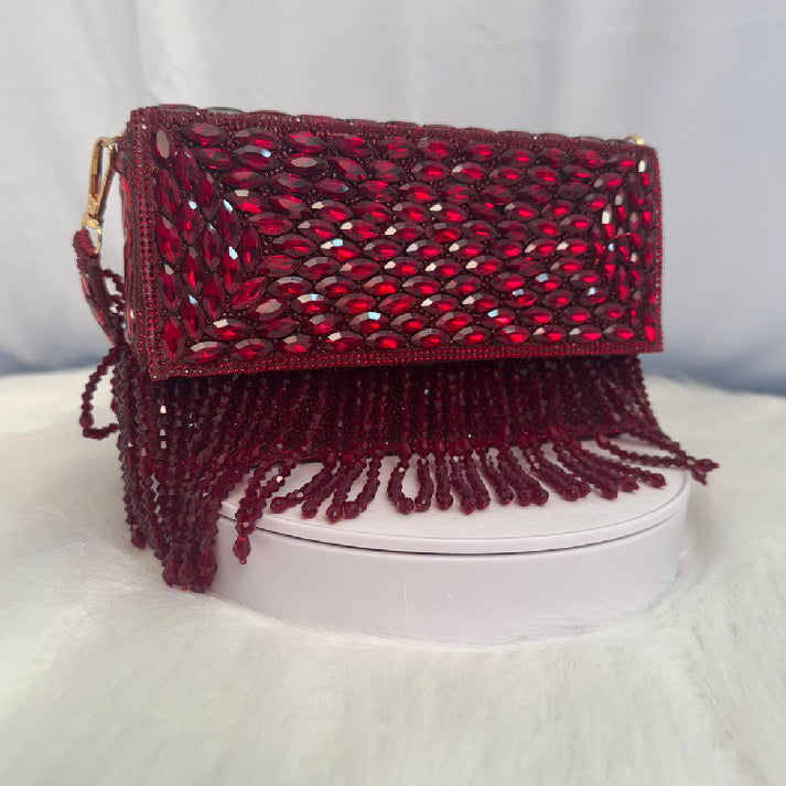 Luxury Ruby Red Crystal Clutch | Beaded Fringe Party Bag