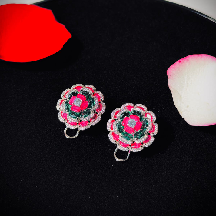 Floral Bloom Statement Earrings – Emerald Green & Ruby Pink